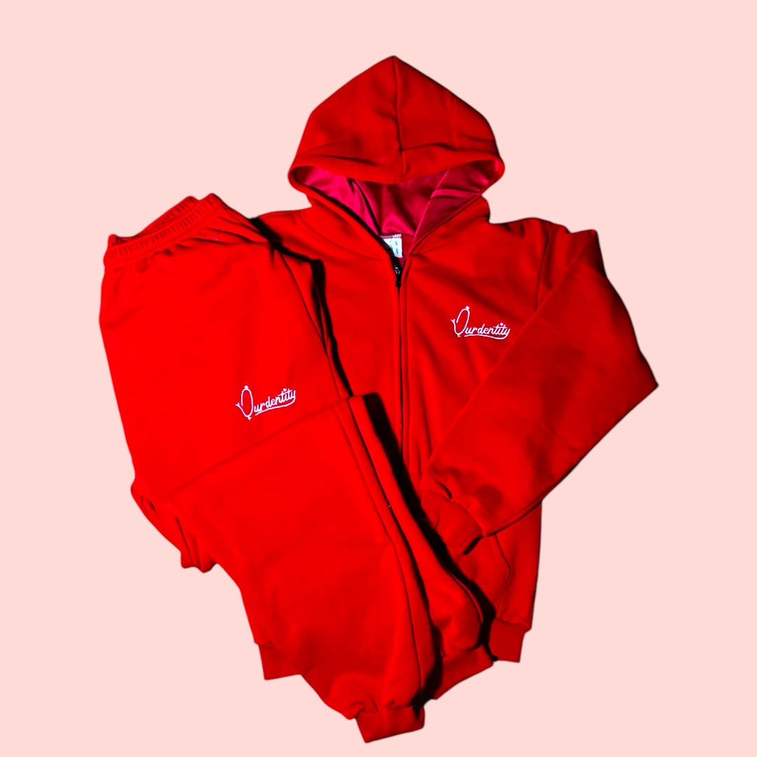 Red Zip Tracksuit with Satin Lined Hood and Cuffed Bottoms