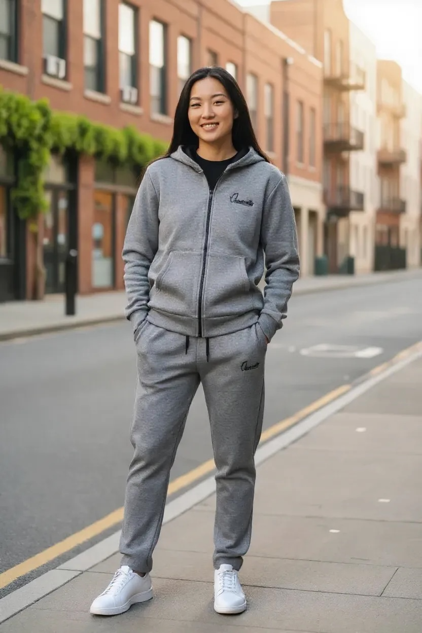 Smoke Grey Zip Tracksuit with Satin Lined Hood and Open Ankle Bottoms