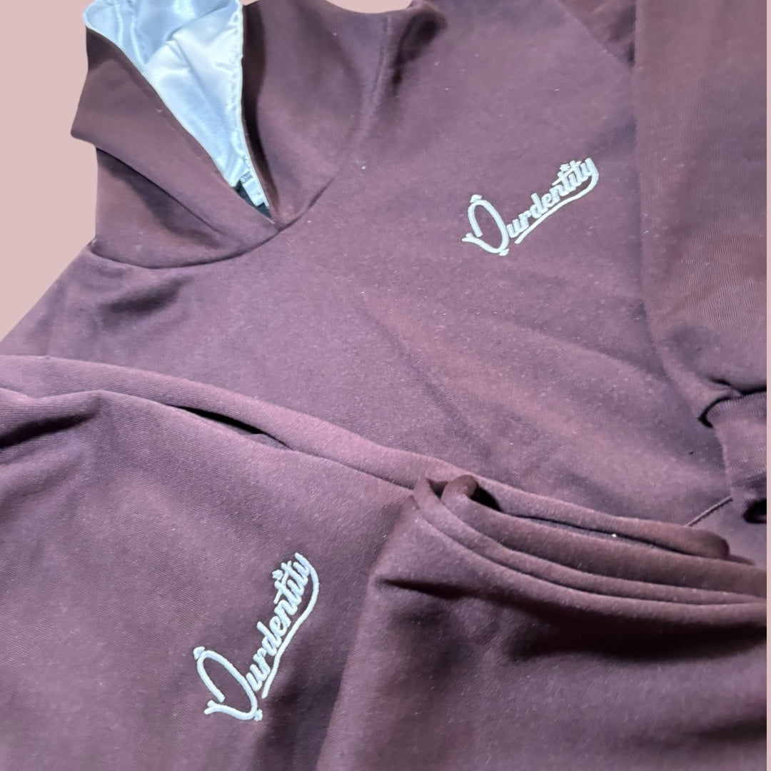 Brown Overhead Tracksuit with Satin Lined Hood and Open Ankle Bottoms