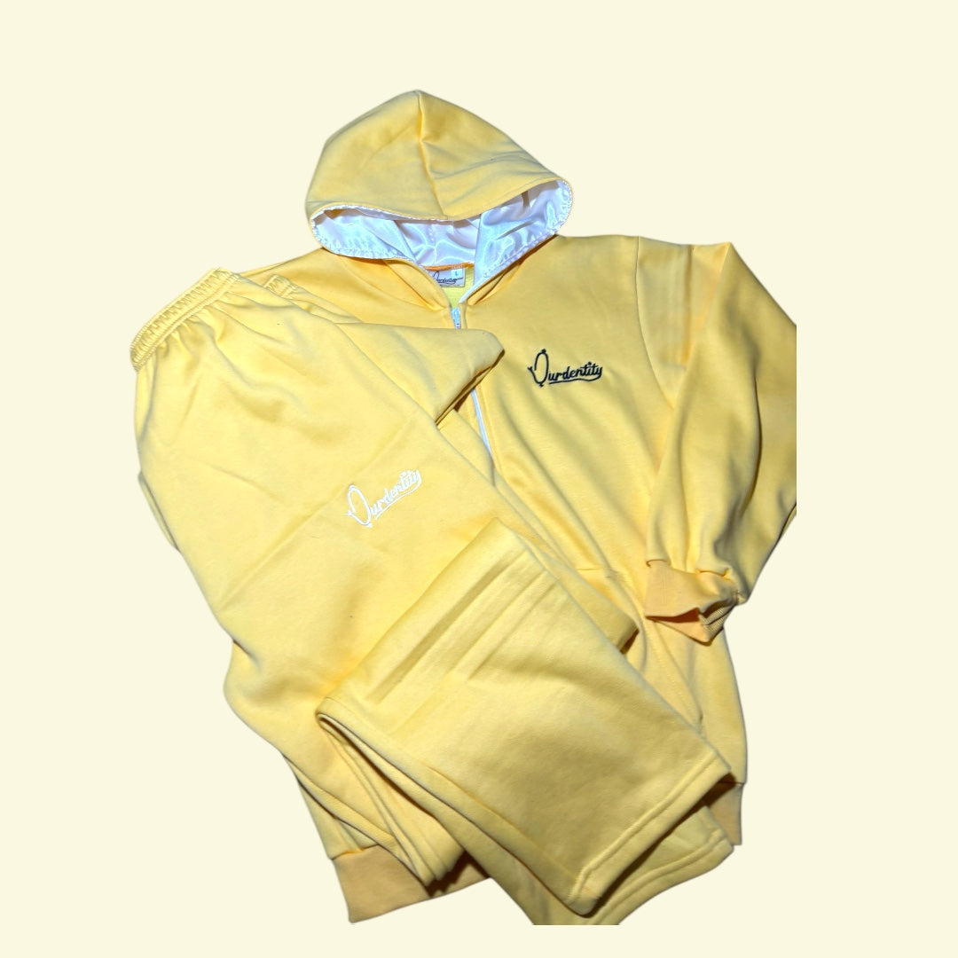 Yellow Zip Tracksuit with Satin Lined Hood and Open Ankle Bottoms