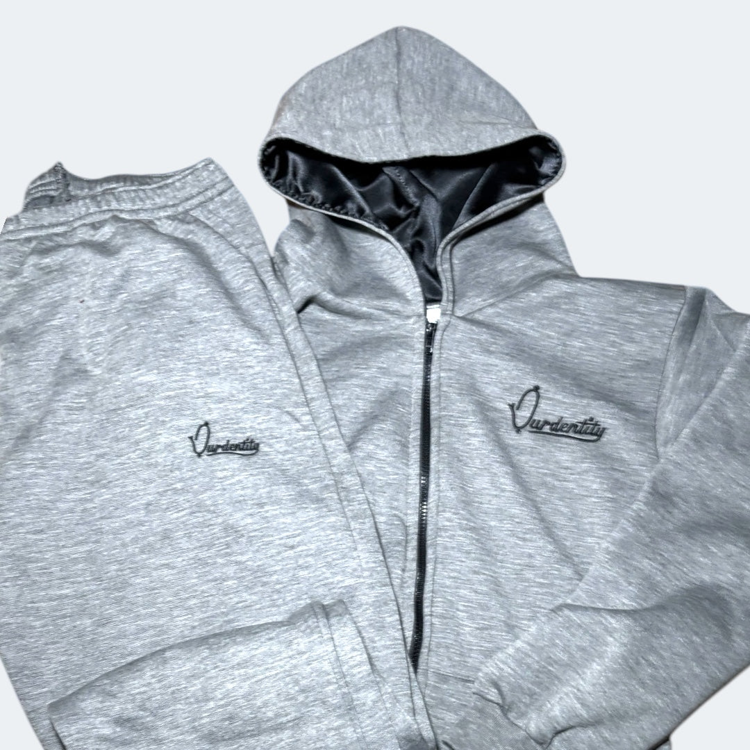 Smoke Grey Zip Tracksuit with Satin Lined Hood and Open Ankle Bottoms