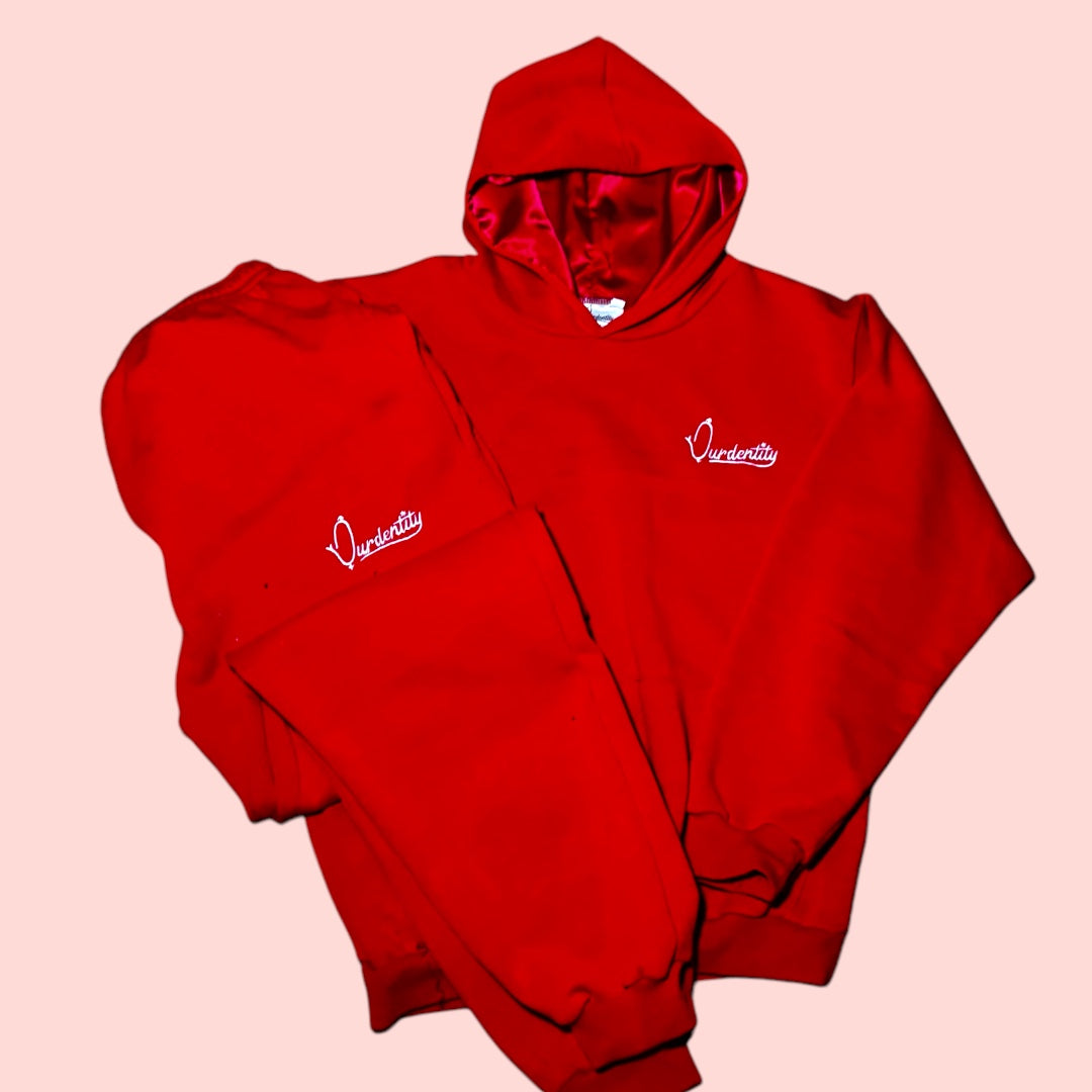 Red Overhead Tracksuit with Satin Lined Hood and Cuffed Bottoms