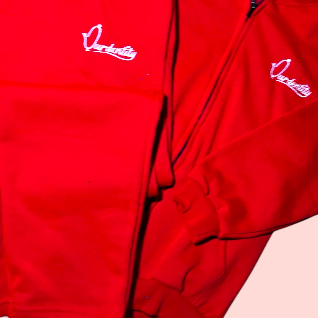 Red Zip Tracksuit with Satin Lined Hood and Open Ankle Bottoms