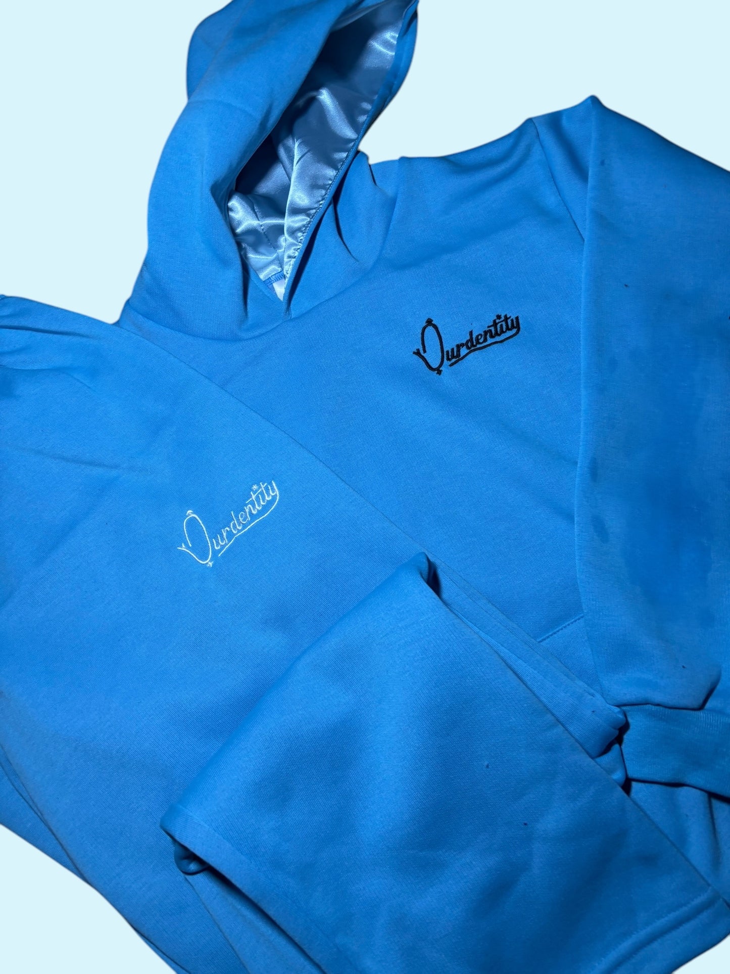 Sky Blue Overhead Tracksuit with Satin Lined Hood and Open Ankle Bottoms