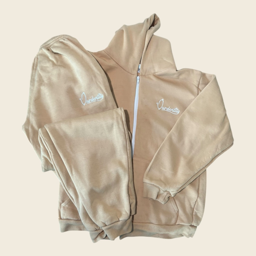 Caramel Zip Tracksuit with Satin Lined Hood and Cuffed Bottoms