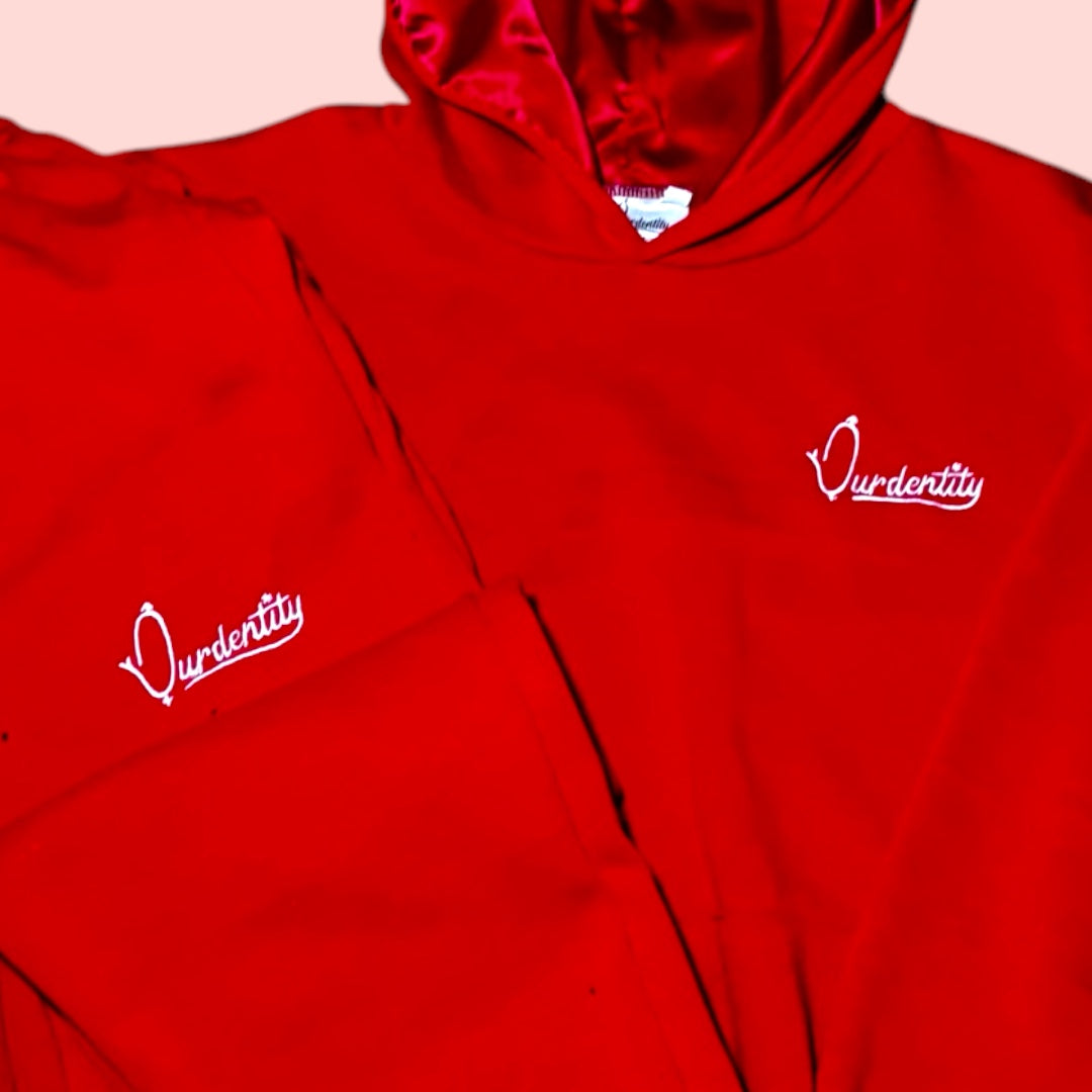 Red Overhead Tracksuit with Satin Lined Hood and Cuffed Bottoms