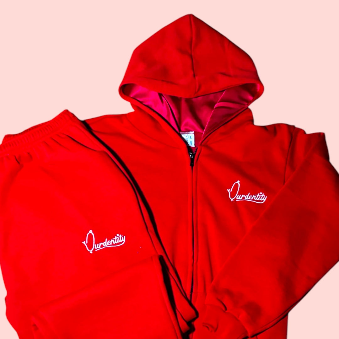 Red Zip Tracksuit with Satin Lined Hood and Open Ankle Bottoms