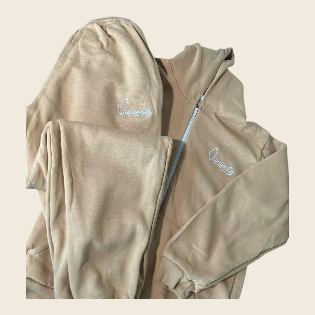 Caramel Zip Tracksuit with Satin Lined Hood and Cuffed Bottoms