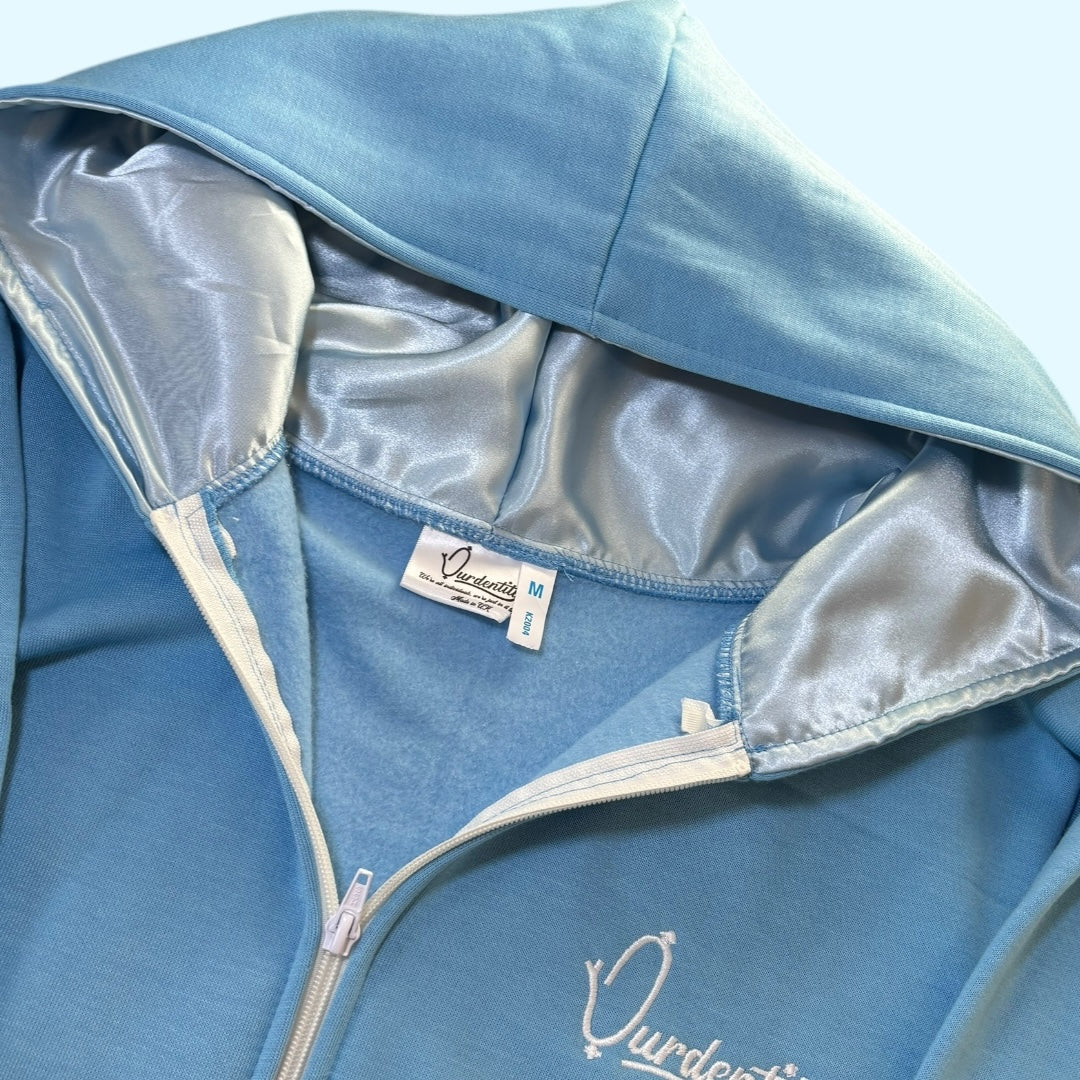 Sky Blue Zip Tracksuit with Satin Lined Hood and Cuffed Bottoms