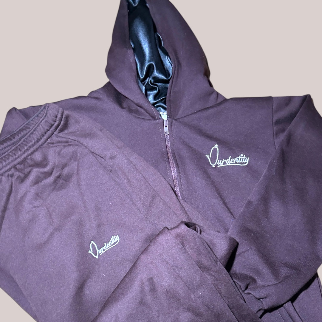 Brown Zip Tracksuit with Satin Lined Hood and and Cuffed Bottoms