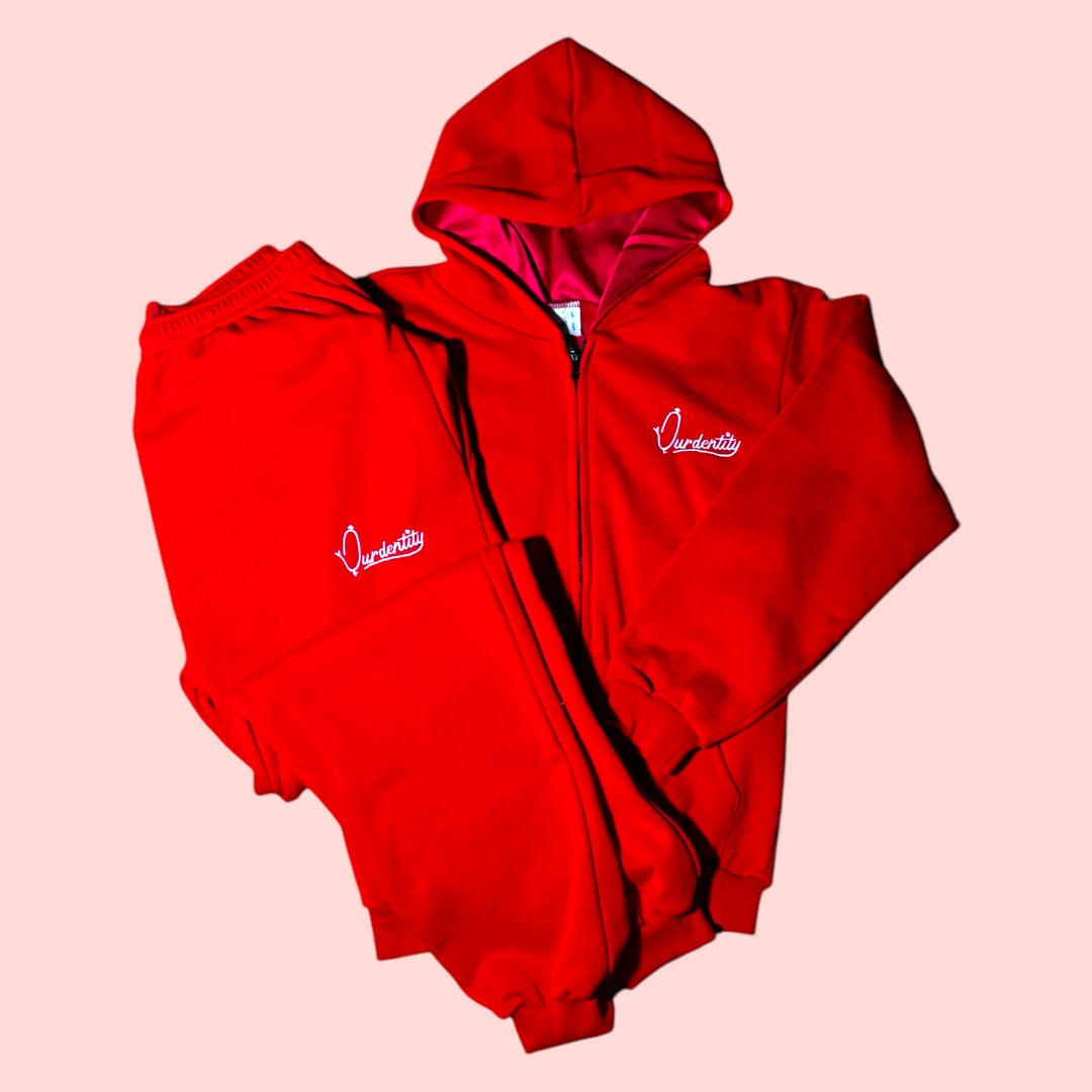 Red Zip Tracksuit with Satin Lined Hood and Cuffed Bottoms