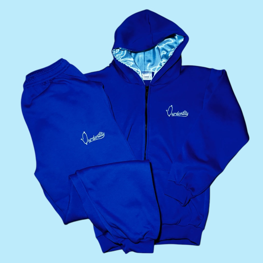 Royal Blue Zip Tracksuit with Satin Lined Hood and Cuffed Bottoms.