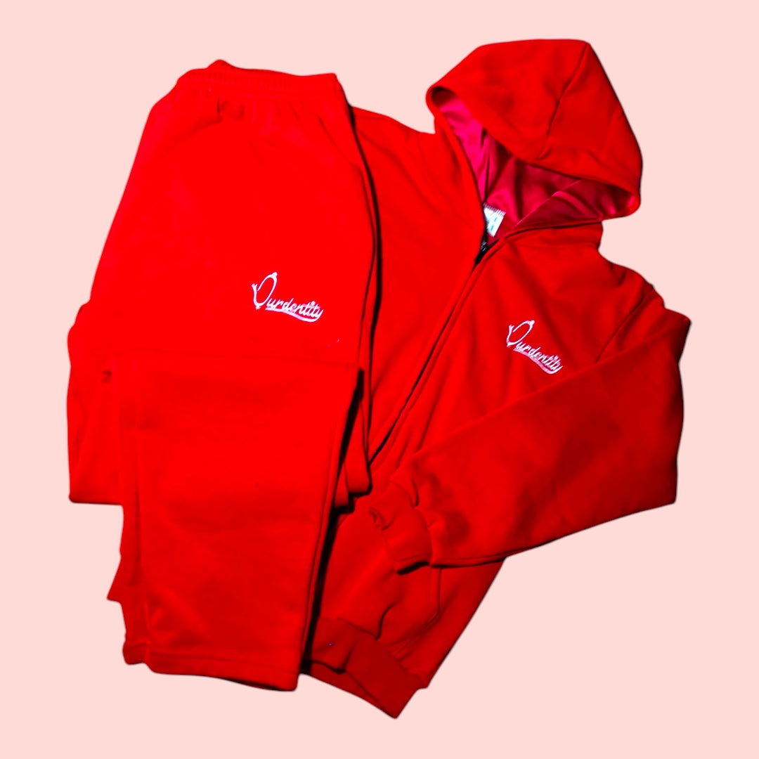 Red Zip Tracksuit with Satin Lined Hood and Open Ankle Bottoms