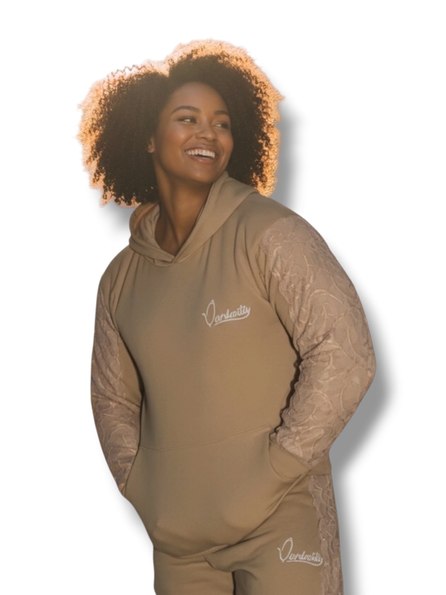 Caramel Tracksuit with Lace Detailing and Signature Satin Lined Hood