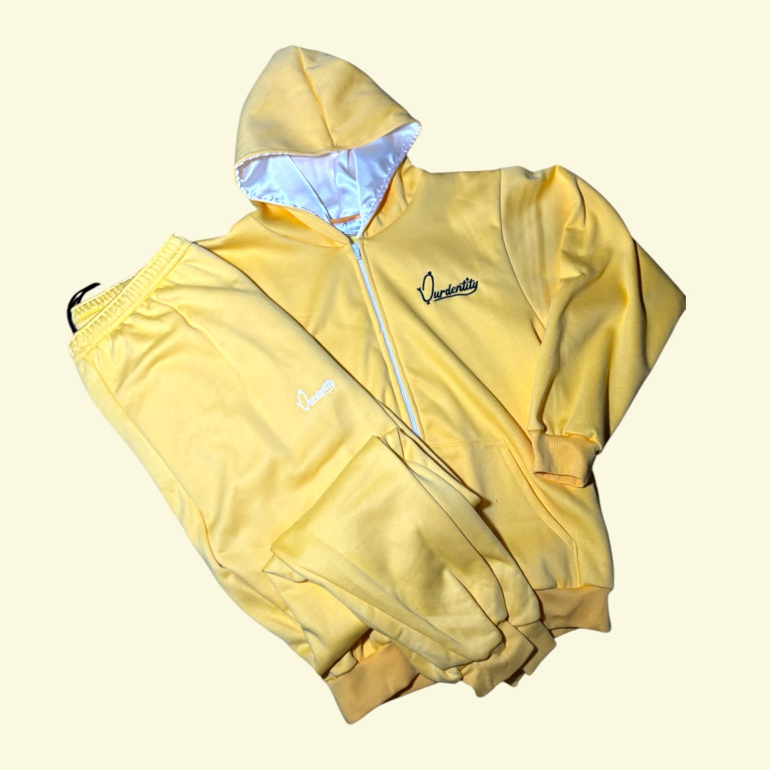 Yellow Zip Tracksuit with Satin Lined Hood and Cuffed Bottoms
