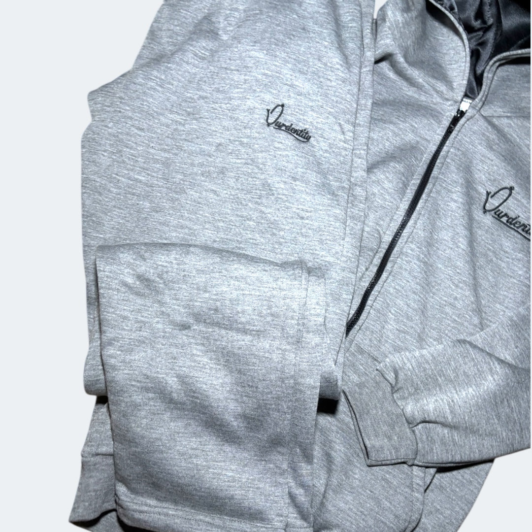 Smoke Grey Zip Tracksuit with Satin Lined Hood and Open Ankle Bottoms