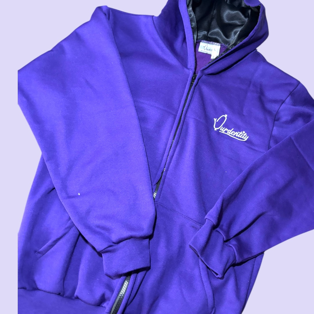 Purple Zip Tracksuit with Satin Lined Hood and Open Ankle Bottoms