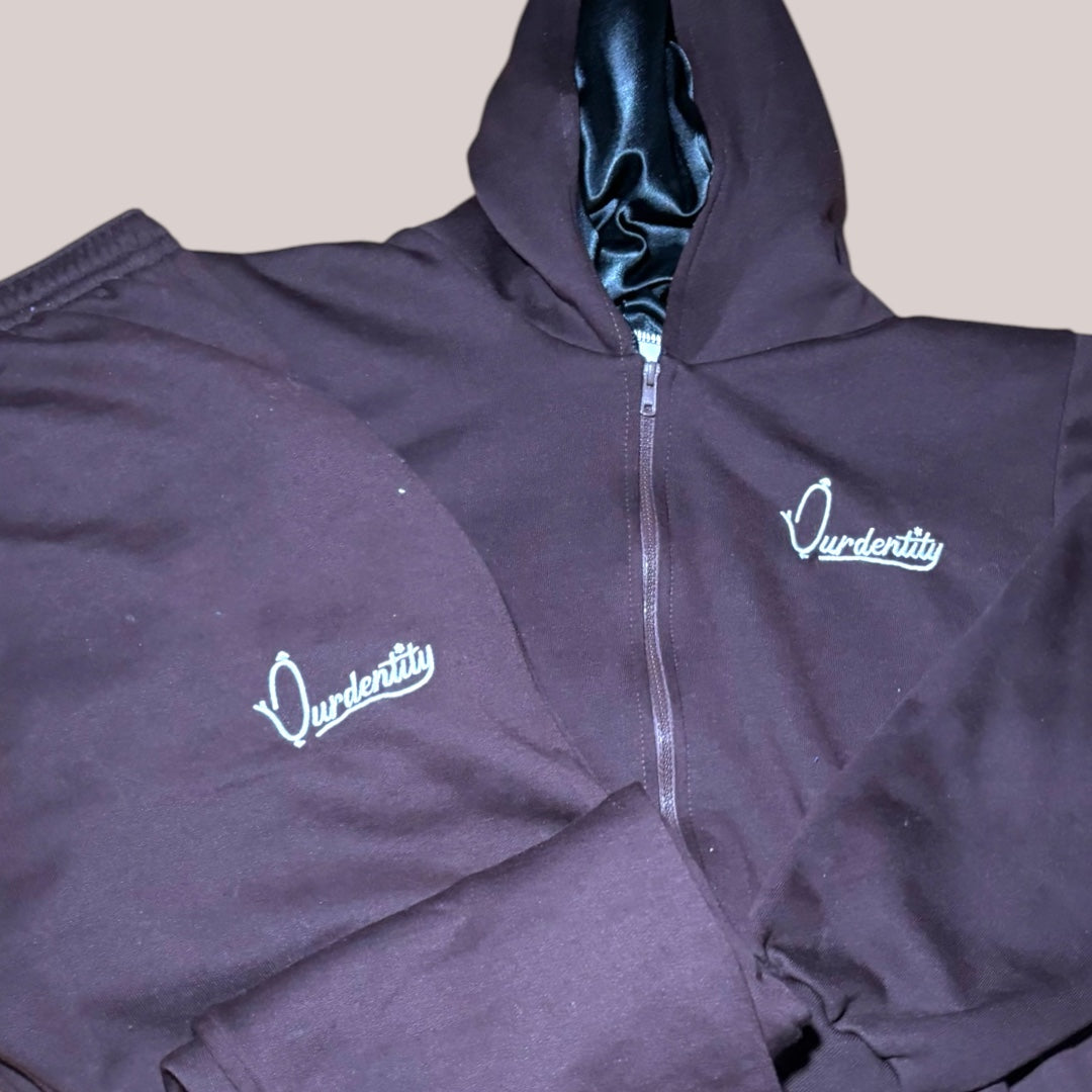 Brown Zip Tracksuit with Satin Lined Hood and Open Ankle Bottoms