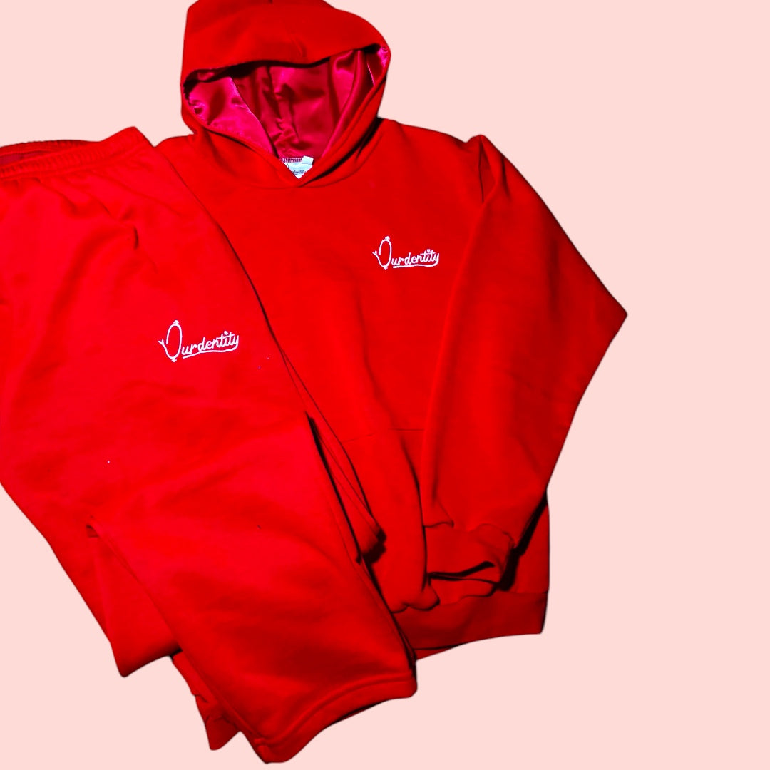 Red Overhead Tracksuit with Satin Lined Hood and Open Ankle Bottoms