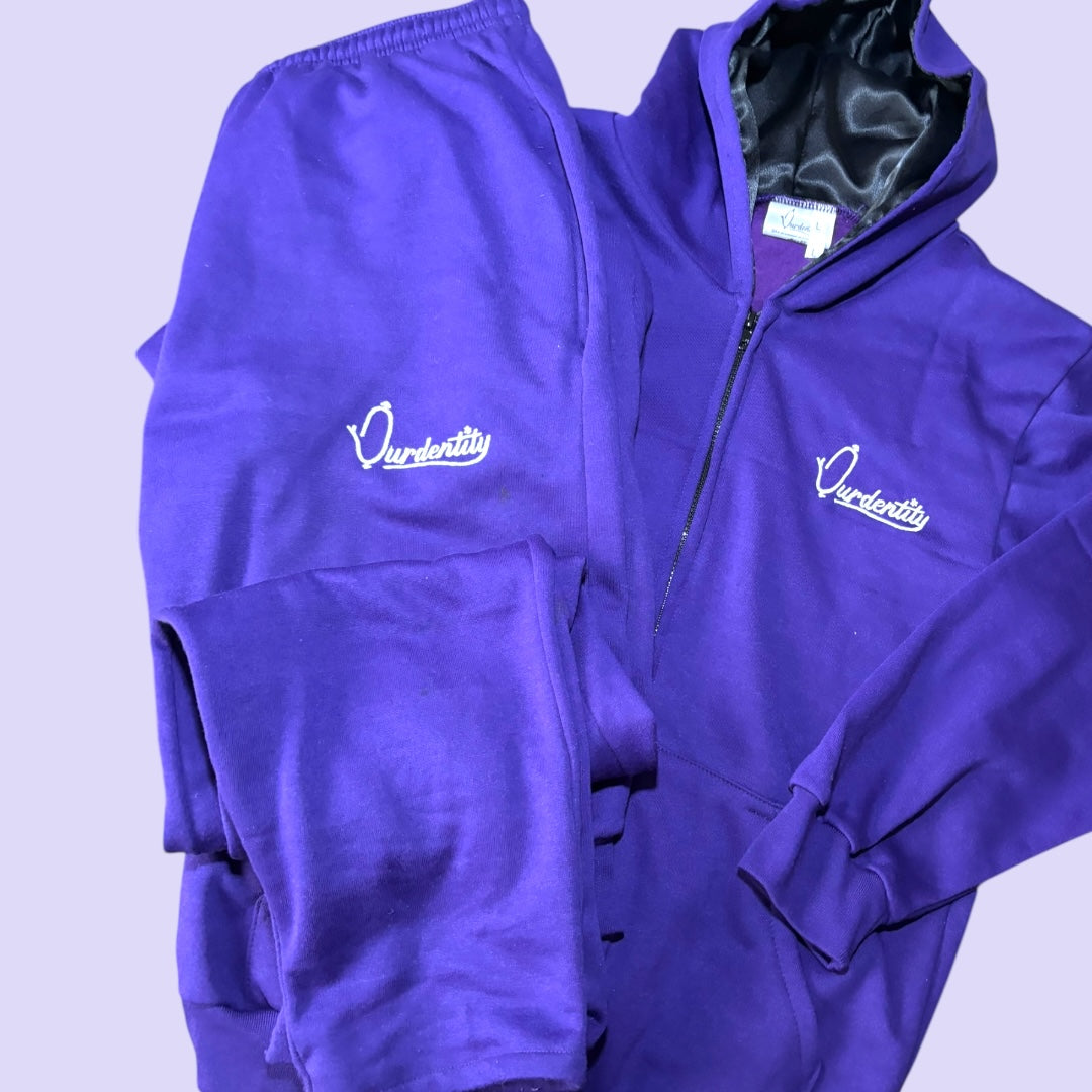 Purple Zip Tracksuit with Satin Lined Hood and Open Ankle Bottoms