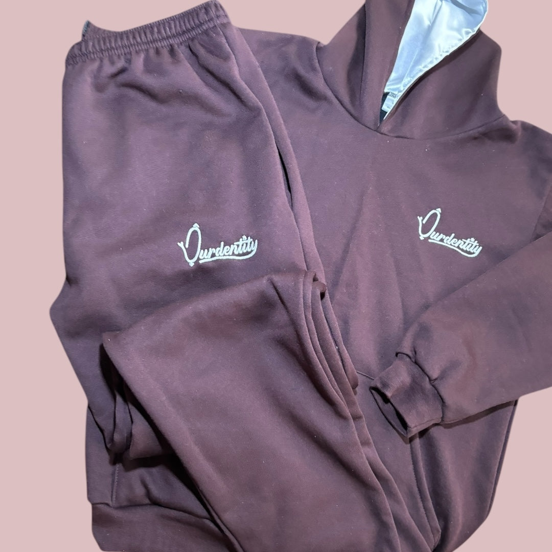 Brown Overhead Tracksuit with Satin Lined Hood and Open Ankle Bottoms