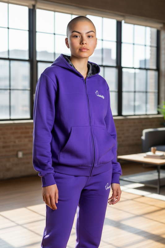 Purple Zip Tracksuit with Satin Lined Hood and Open Ankle Bottoms