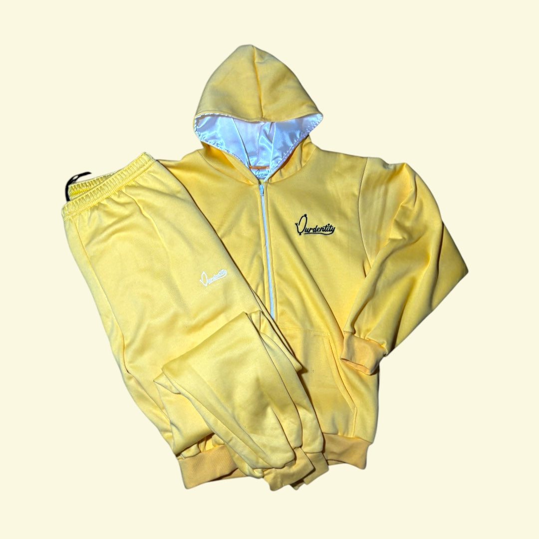Yellow Zip Tracksuit with Satin Lined Hood and Cuffed Bottoms