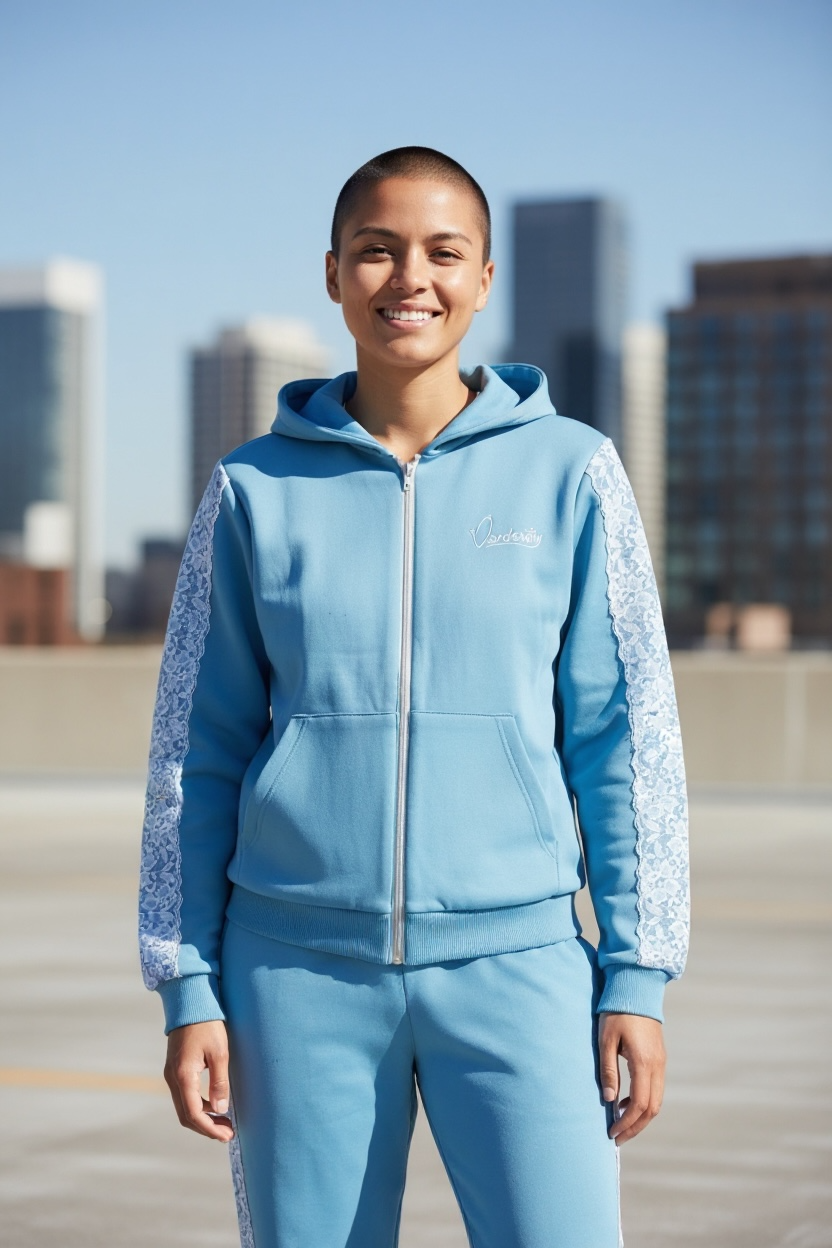 Sky Blue Tracksuit with Lace Detailing and Satin Lined Hood