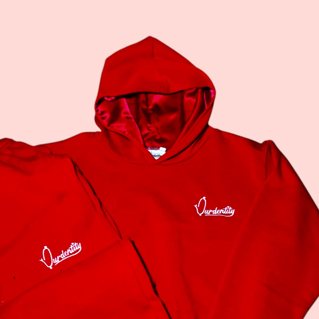 Red Overhead Tracksuit with Satin Lined Hood and Cuffed Bottoms