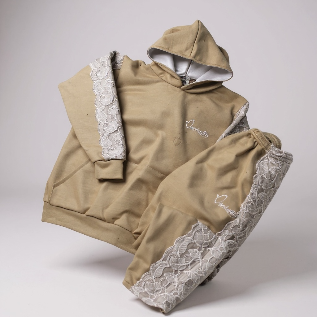 Caramel Tracksuit with Lace Detailing and Satin Lined Hood