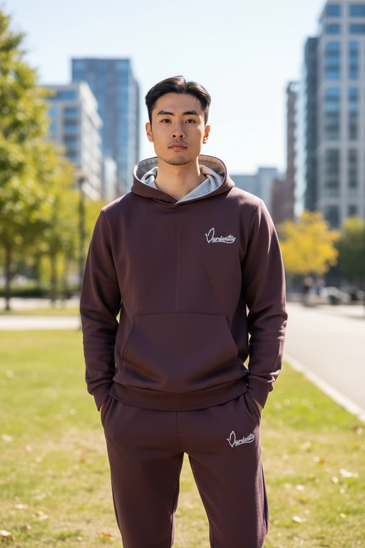 Brown Overhead Tracksuit with Satin Lined Hood and Open Ankle Bottoms