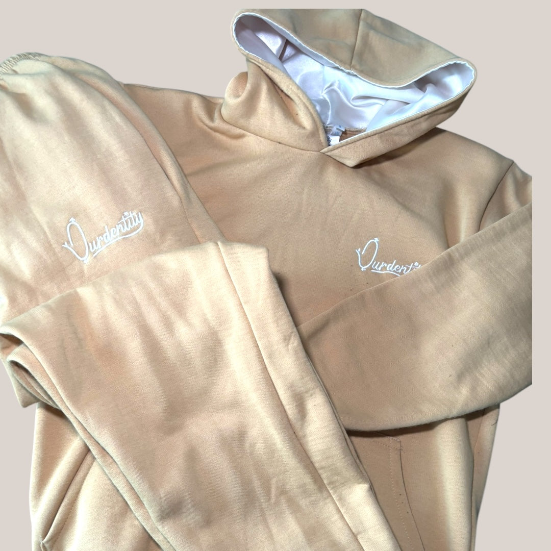 Caramel Overhead Tracksuit with Satin Lined Hood and Open Ankle Bottoms