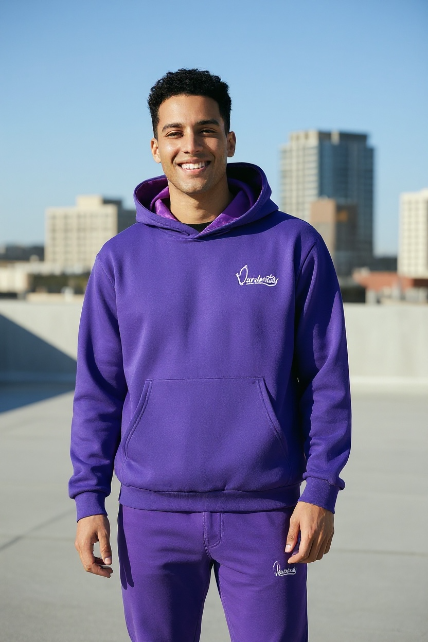 Purple Overhead Tracksuit with Satin Liner Hood and Open Ankle Bottoms