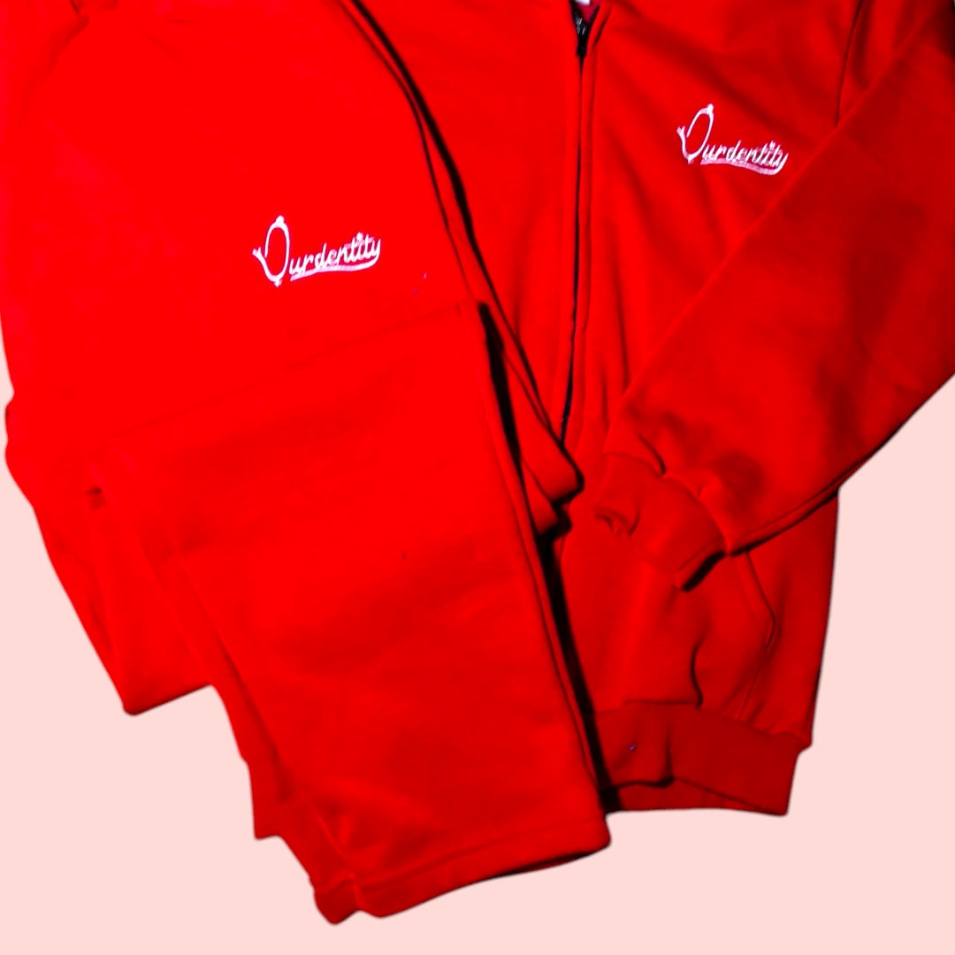 Red Zip Tracksuit with Satin Lined Hood and Open Ankle Bottoms