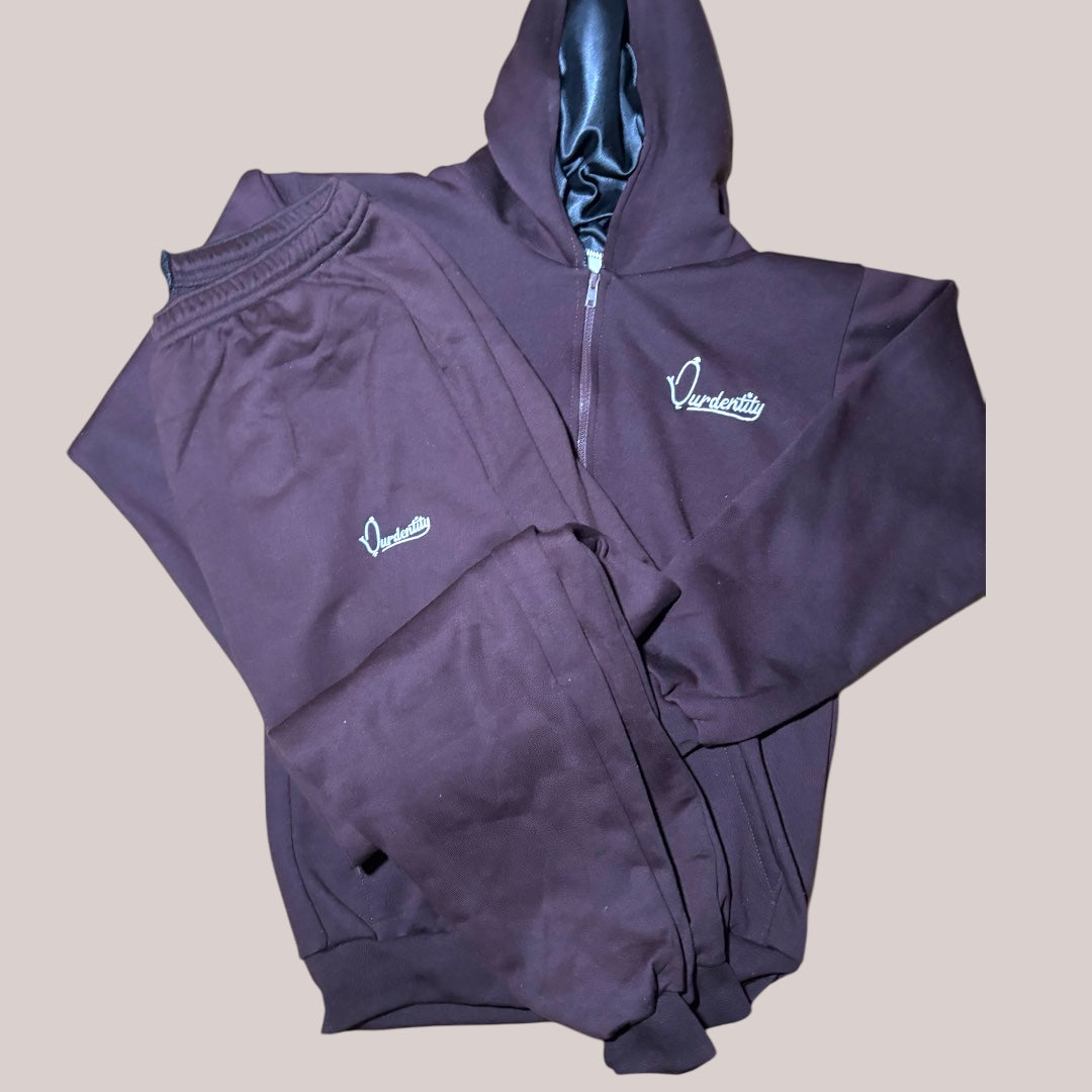 Brown Zip Tracksuit with Satin Lined Hood and and Cuffed Bottoms