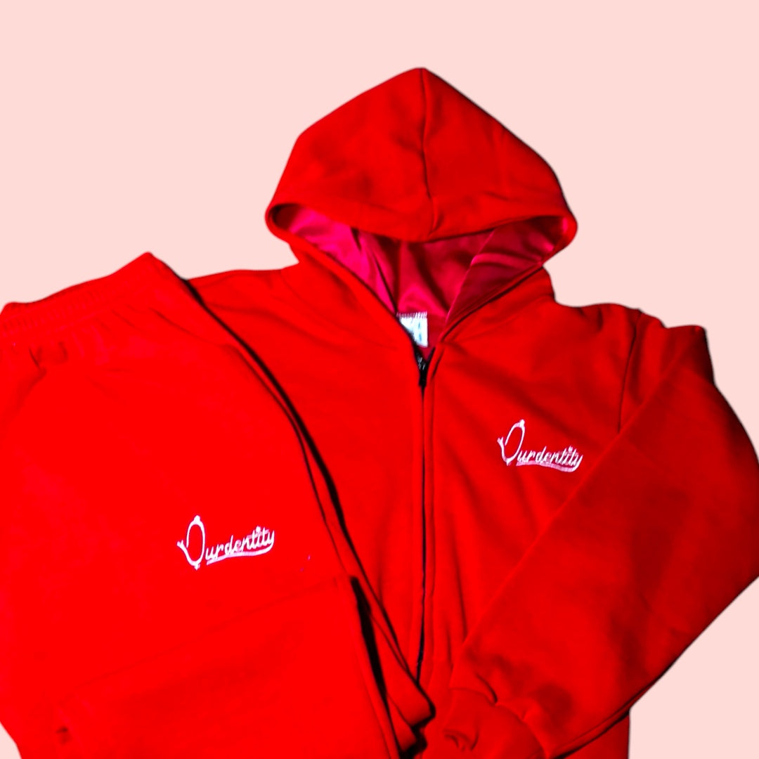 Red Zip Tracksuit with Satin Lined Hood and Open Ankle Bottoms