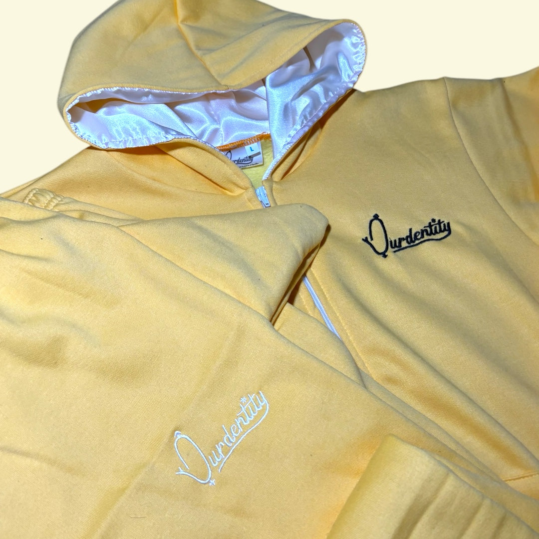 Yellow Zip Tracksuit with Satin Lined Hood and Open Ankle Bottoms