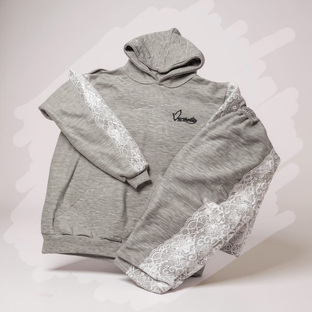 Silver Grey Tracksuit with Lace Detailing and Satin Lined Hood