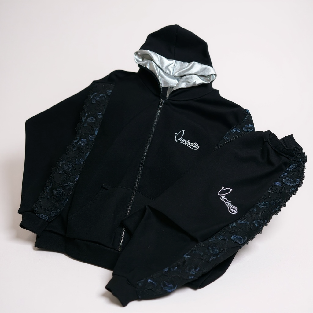 Black Tracksuit with Lace Detailing and Satin Lined Hood