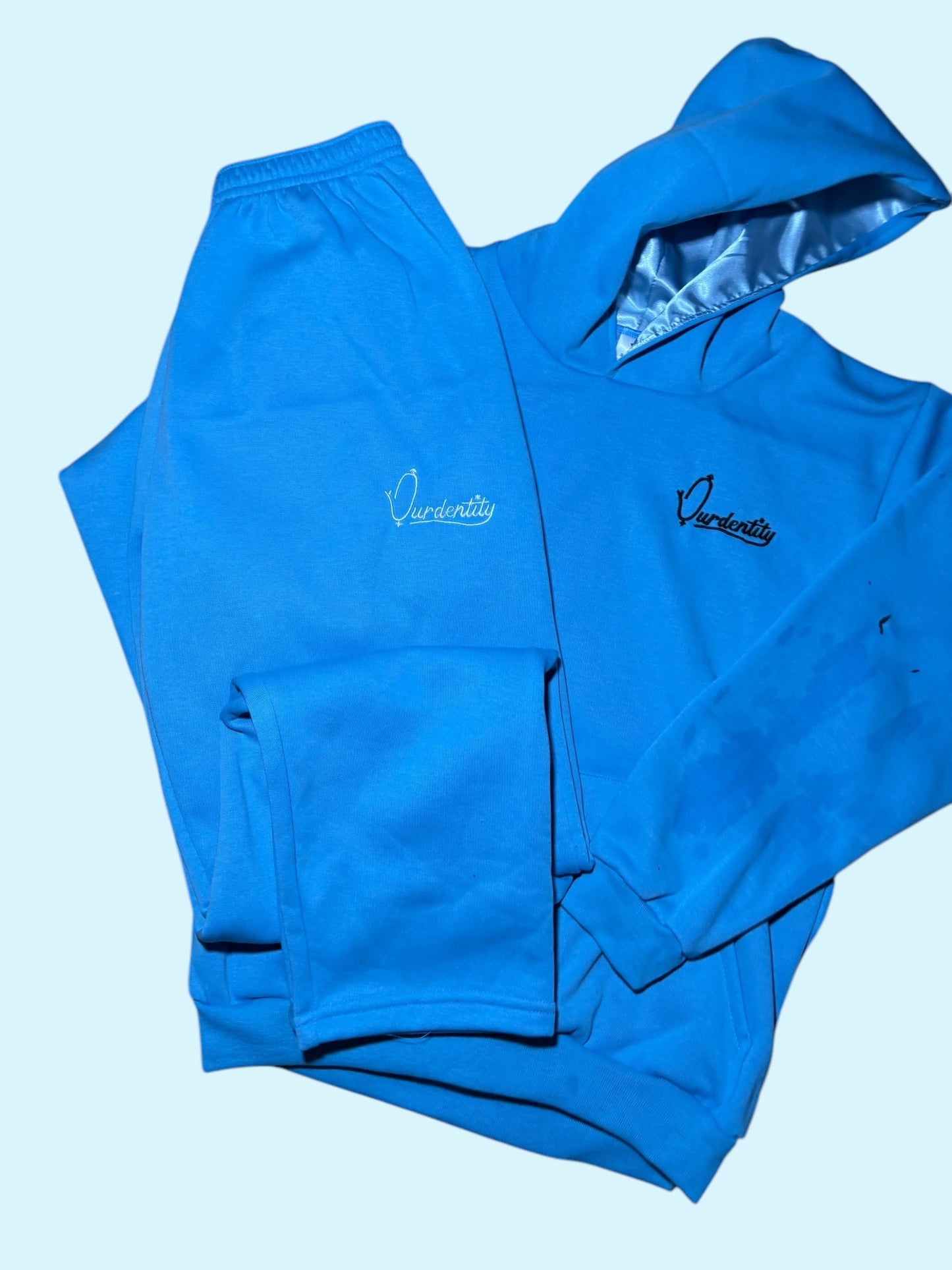 Sky Blue Overhead Tracksuit with Satin Lined Hood and Open Ankle Bottoms