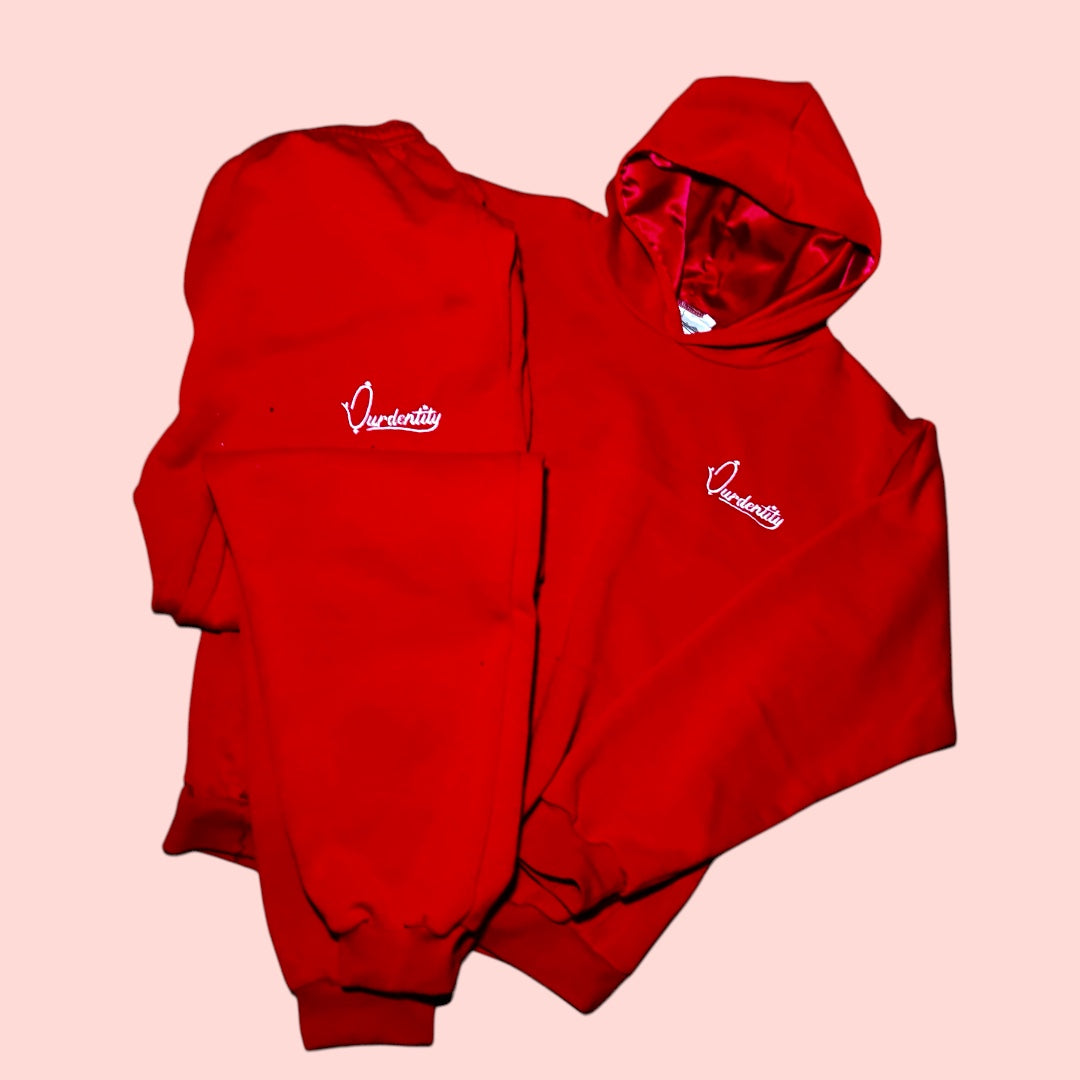 Red Overhead Tracksuit with Satin Lined Hood and Cuffed Bottoms