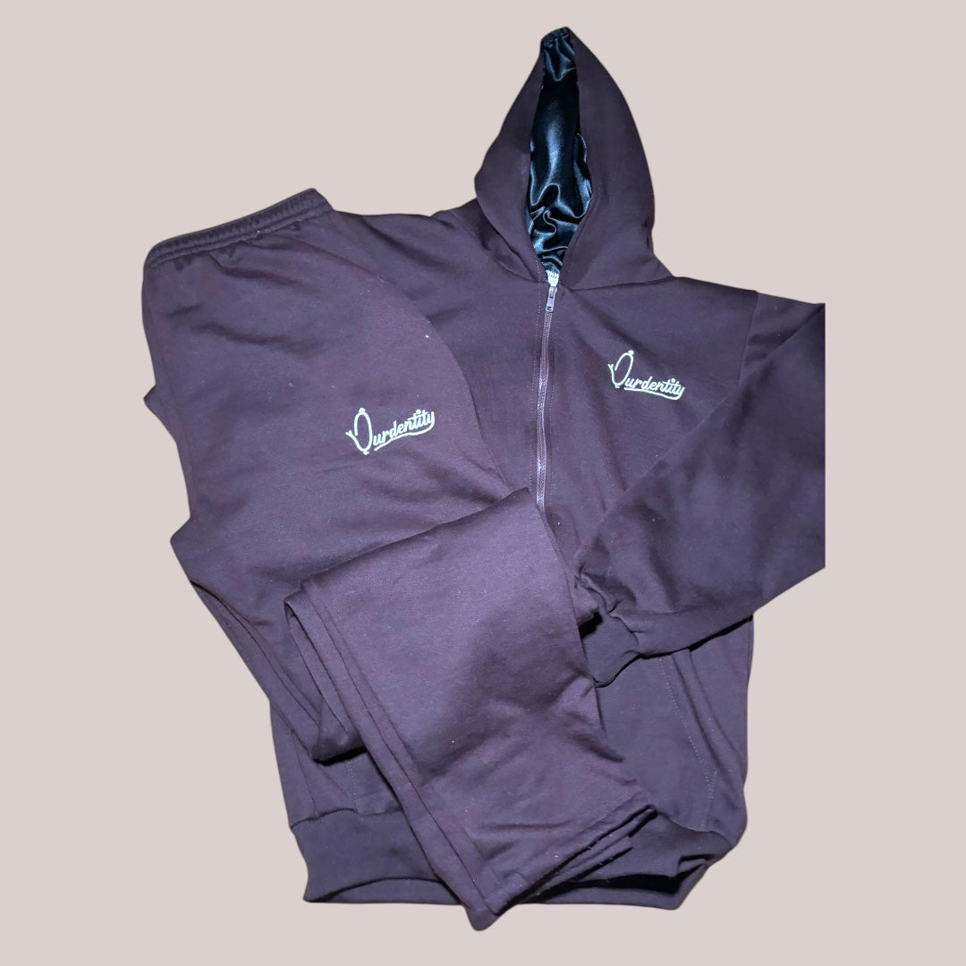 Brown Zip Tracksuit with Satin Lined Hood and Open Ankle Bottoms