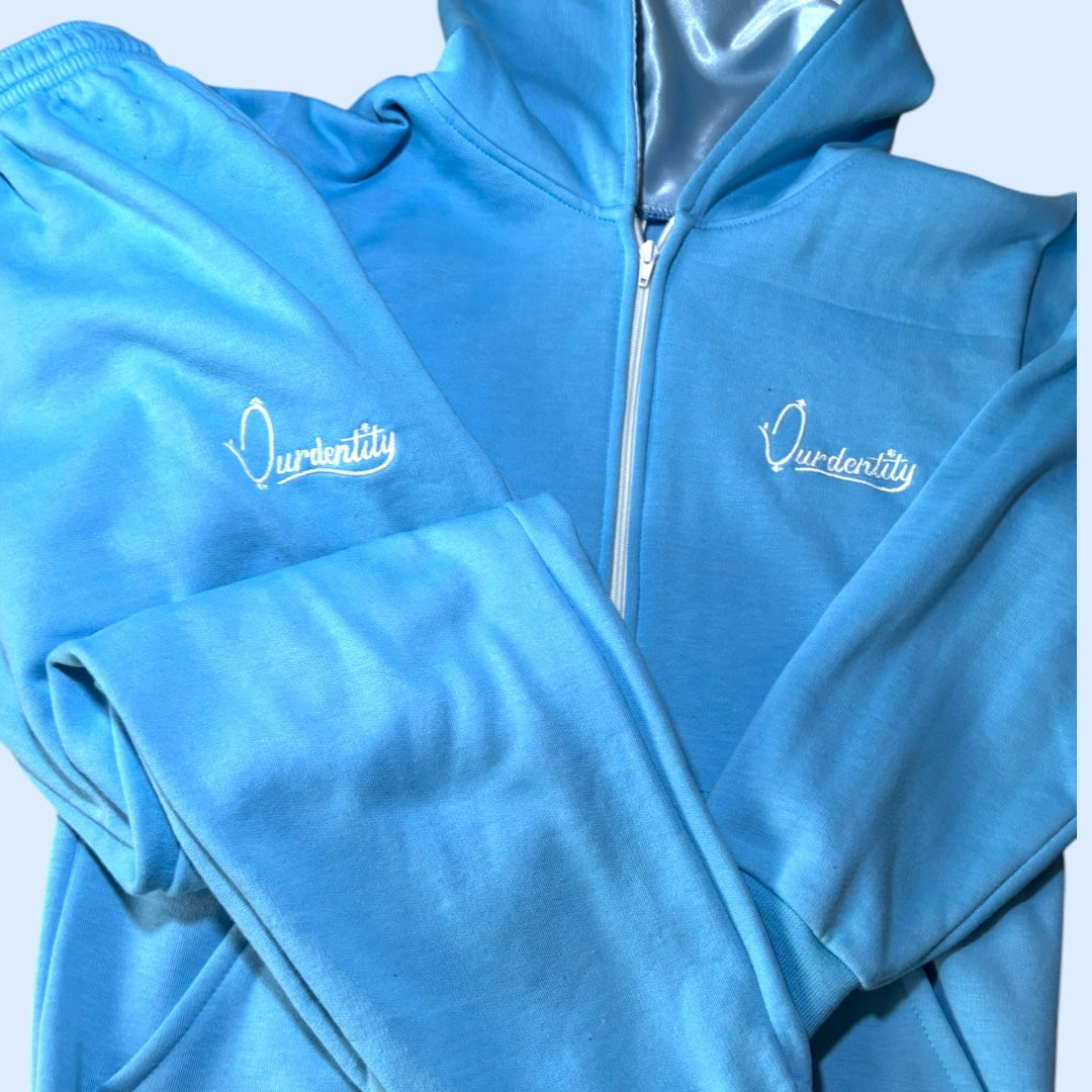 Sky Blue Zip Tracksuit with Satin Lined Hood and Cuffed Bottoms