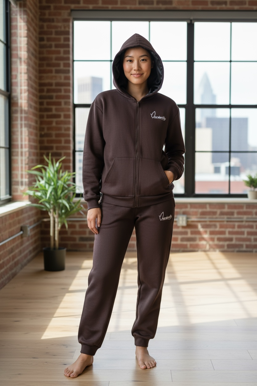 Brown Zip Tracksuit with Satin Lined Hood and Open Ankle Bottoms