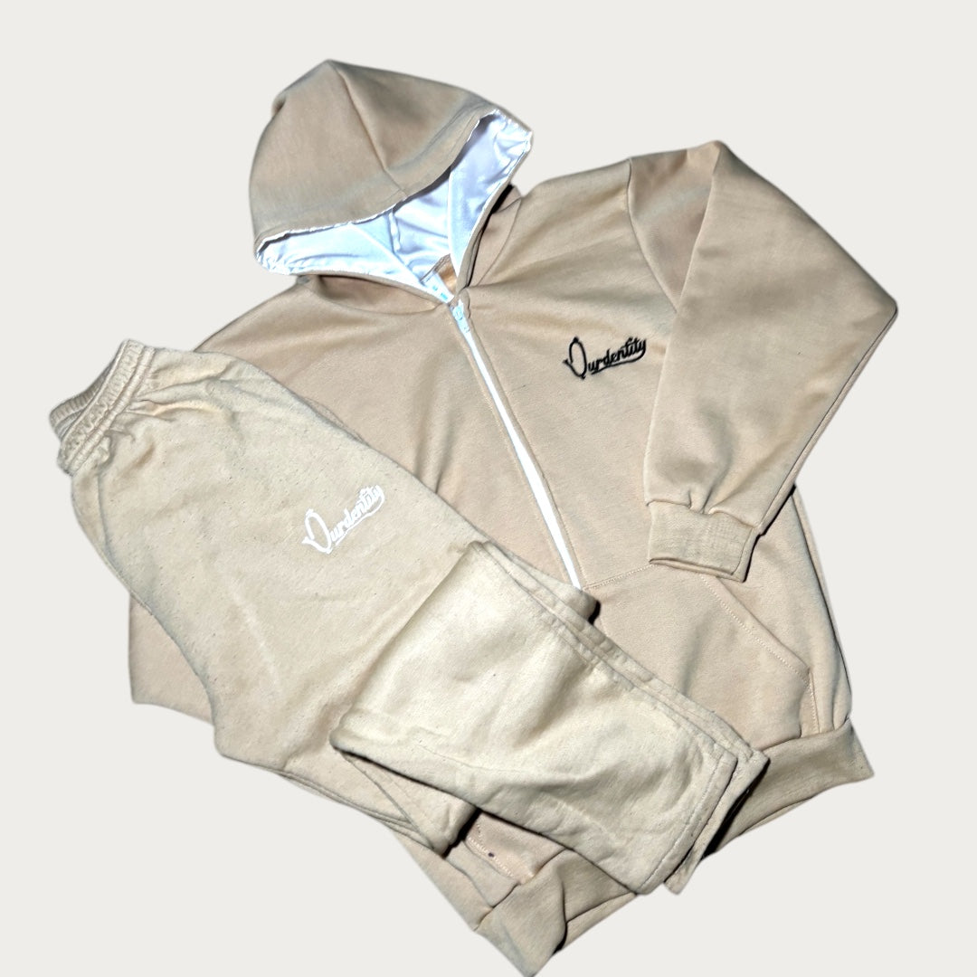 Caramel Zip Tracksuit with Satin Lined Hood and Open Ankle Bottoms