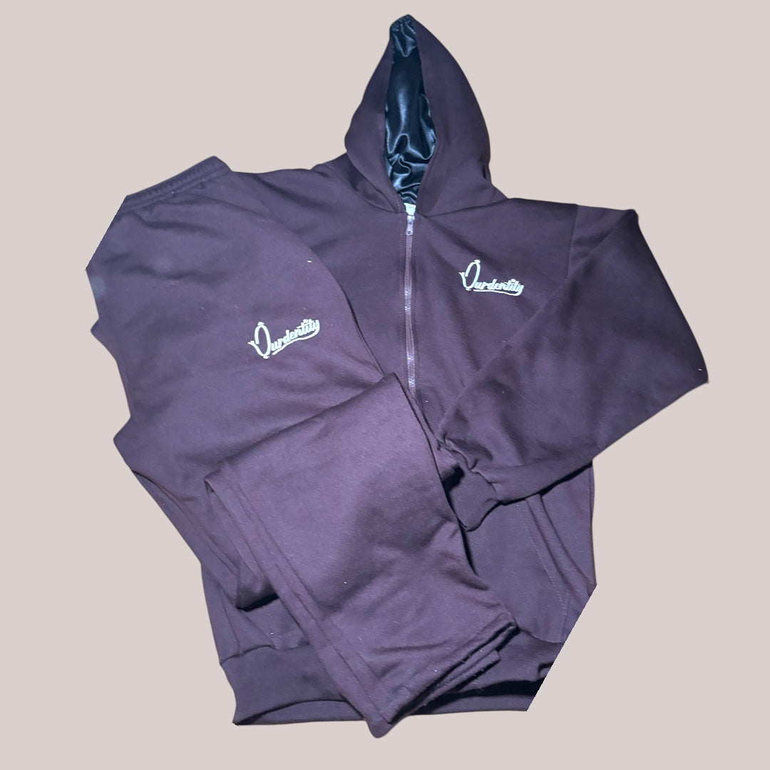 Brown Zip Tracksuit with Satin Lined Hood and Open Ankle Bottoms