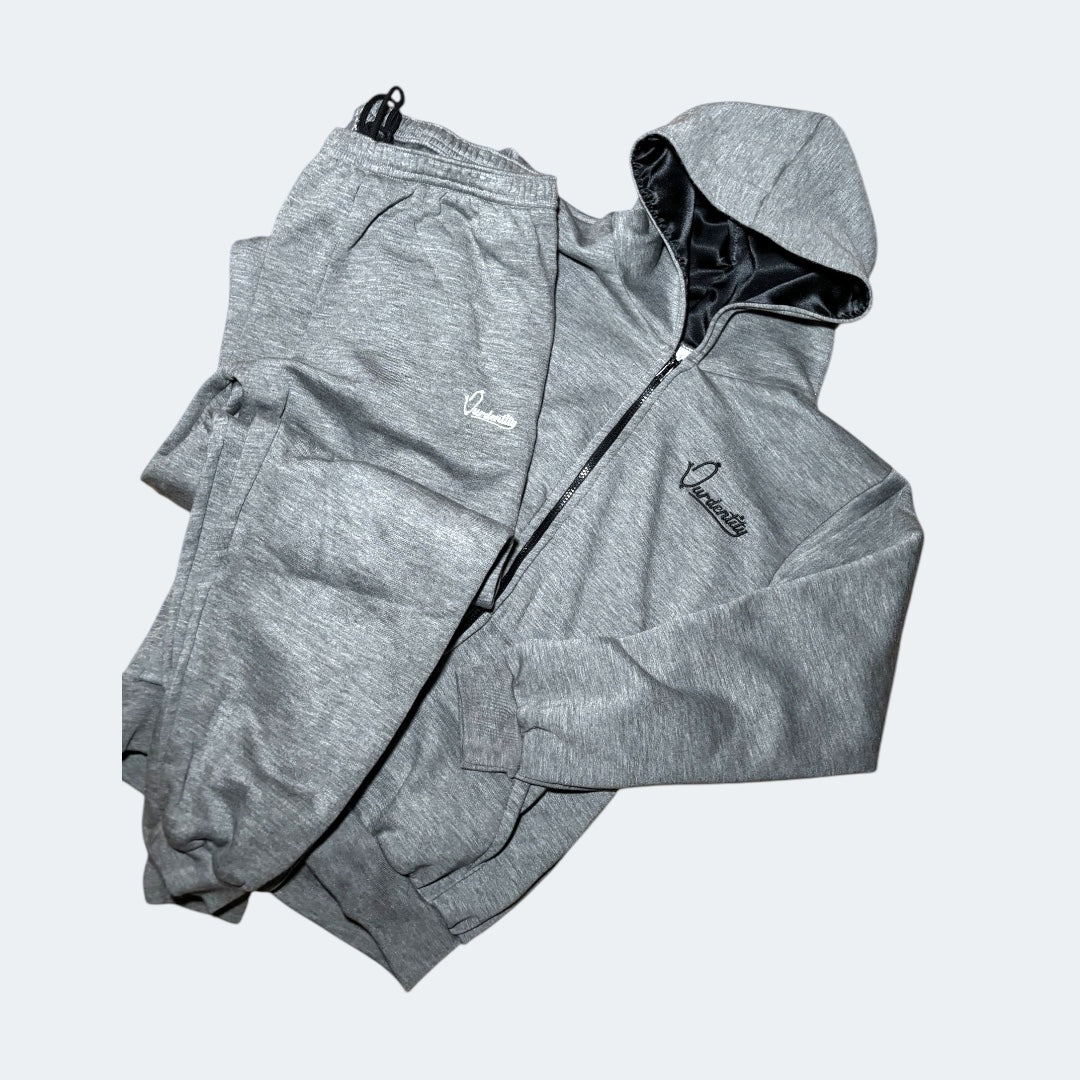 Smoke Grey Zip Tracksuit with Satin Lined Hood and Cuffed Bottoms