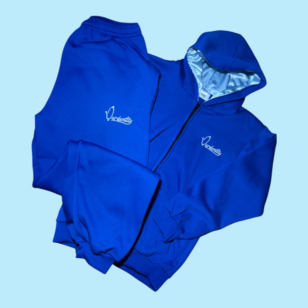 Royal Blue Zip Tracksuit with Satin Lined Hood and Cuffed Bottoms.