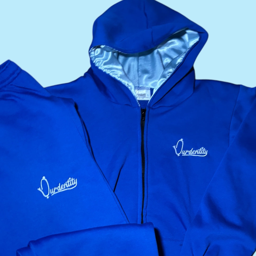 Royal Blue Zip Tracksuit with Satin Lined Hood and Cuffed Bottoms.