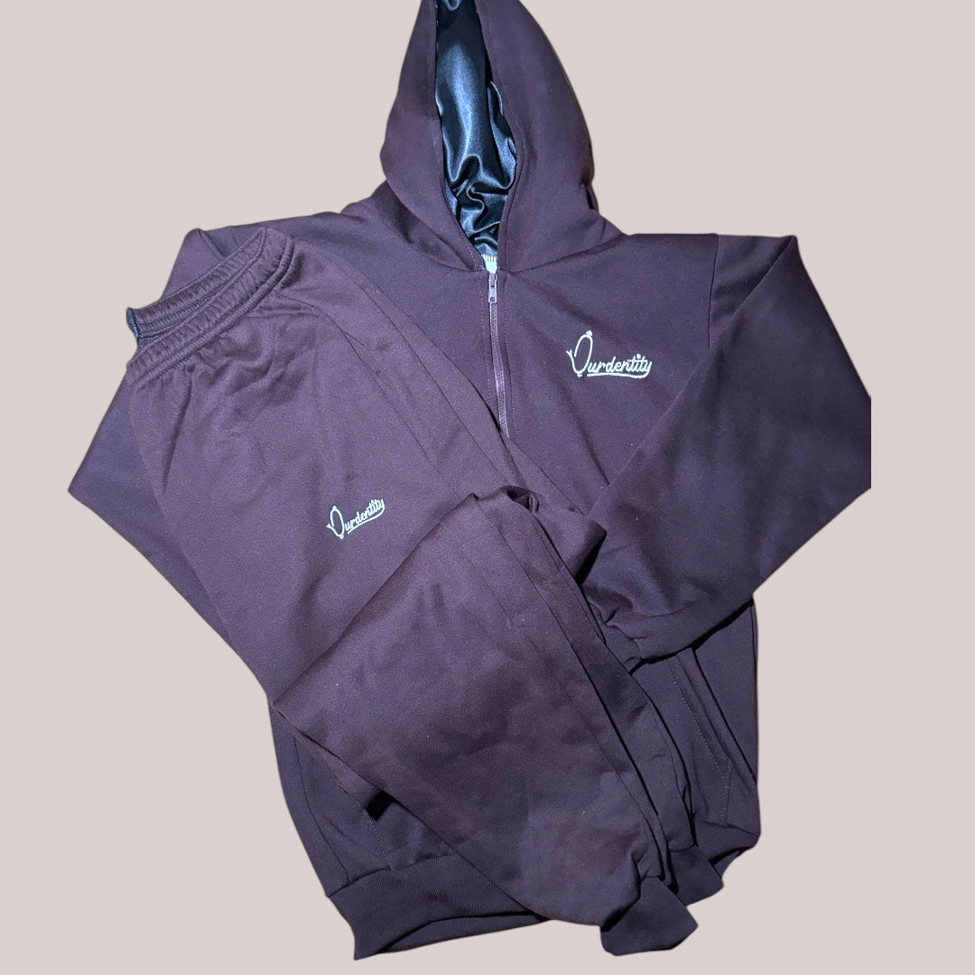 Brown Zip Tracksuit with Satin Lined Hood and and Cuffed Bottoms